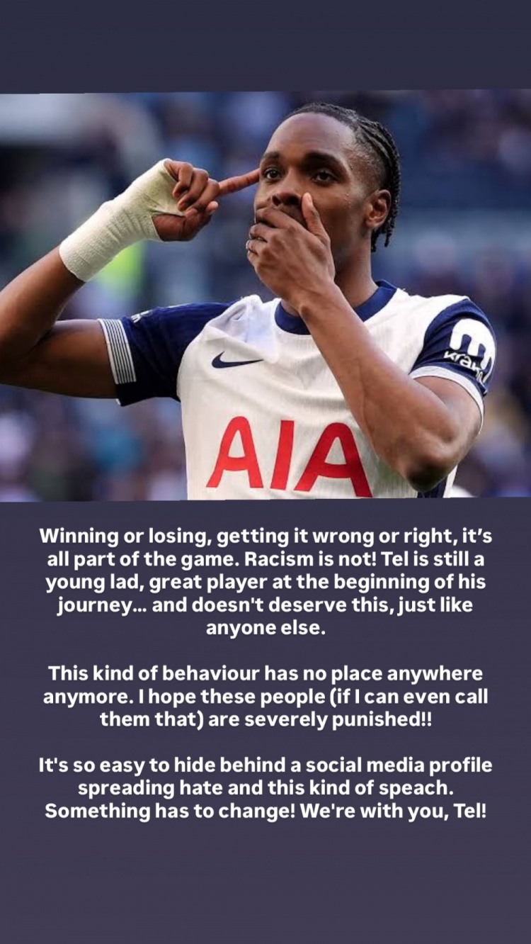 九游体育官网入口-理查利森声援特尔:胜负对错都是比赛的一部分,但种族歧视不是