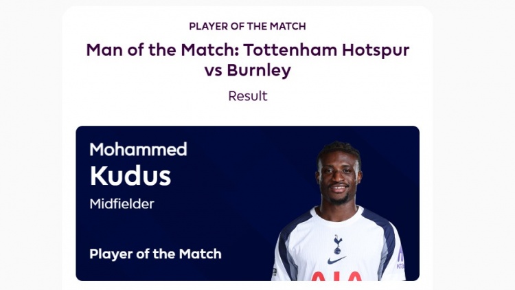 九游体育app-热刺边锋库杜斯两度助攻获评热刺对阵伯恩利一役最佳球员